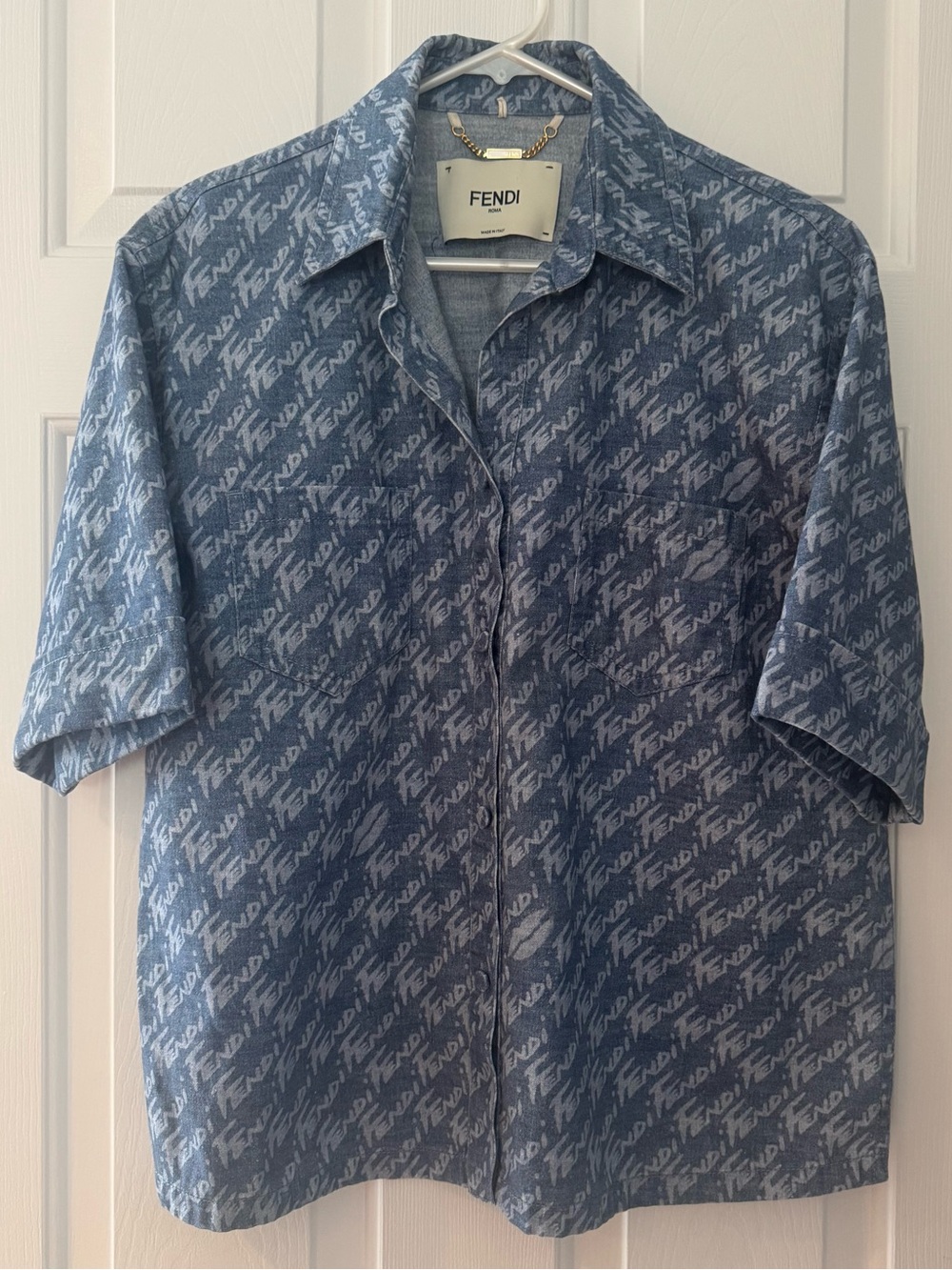 FENDI Logo Short Sleeve Denim Button Up Shirt
